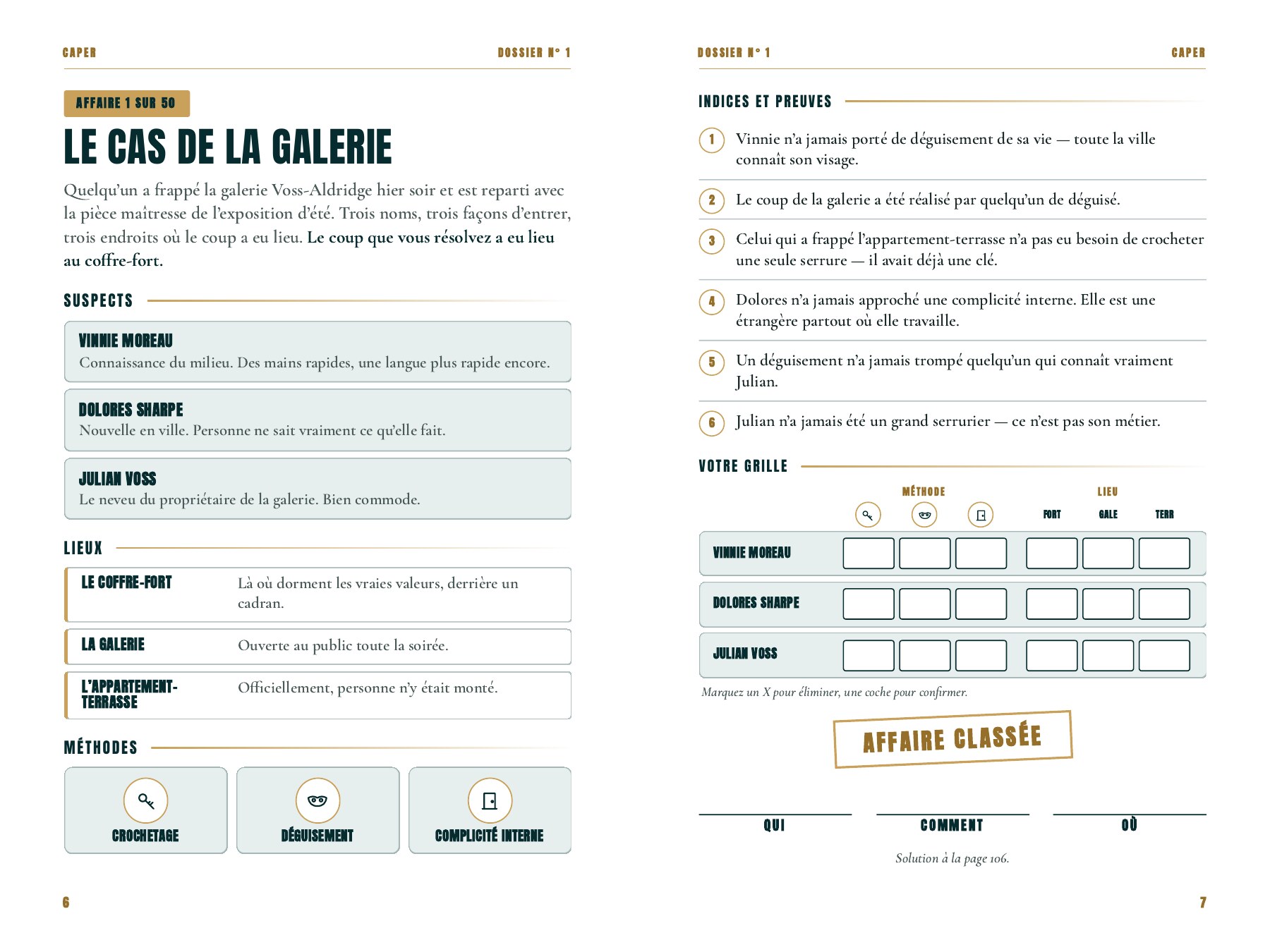 Deux pages du tome 1 de CAPER en français montrant l’affaire n° 1 : Le Cas de la galerie, avec les suspects, les lieux, les méthodes, six indices numérotés, la grille de réponse et les lignes QUI, COMMENT et OÙ.